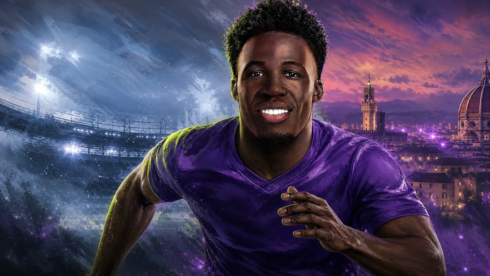 Illustrazione realizzata con IA per la notizia di mercato su Wilfried Gnonto e Fiorentina