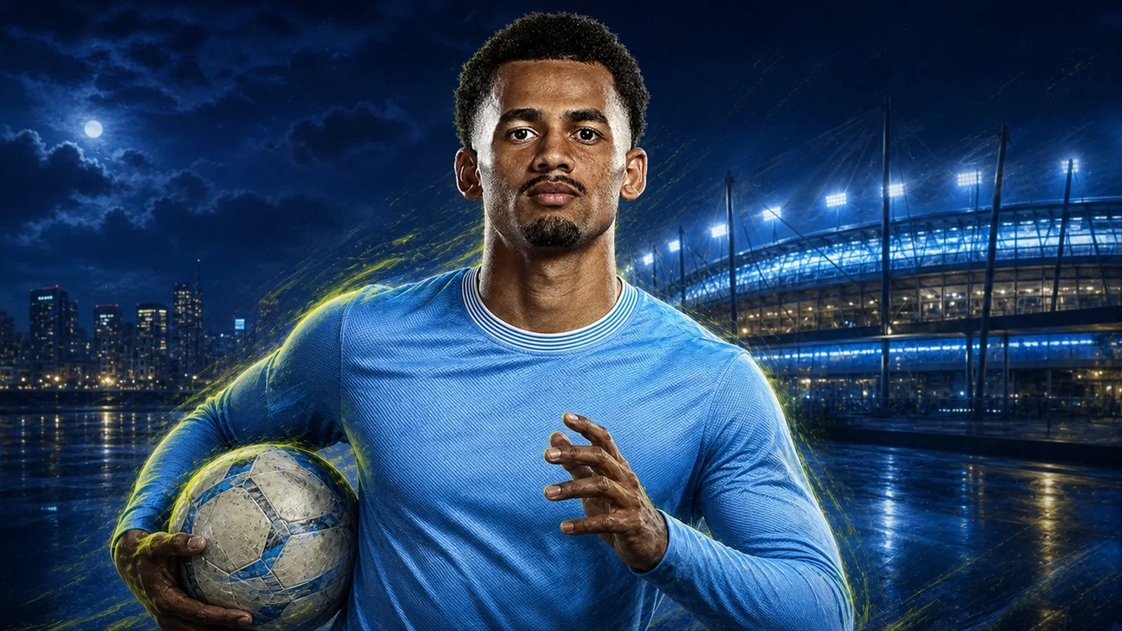 Illustrazione realizzata con IA per la notizia di mercato su Iliman Ndiaye e Manchester City